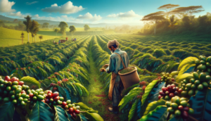 A farmer harvesting arabica coffee