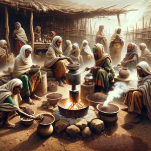 Ethiopian women brewing coffee locally