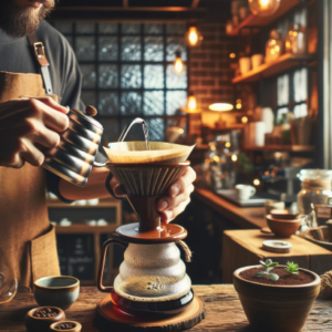a barista expertly brewing pour-over coffee