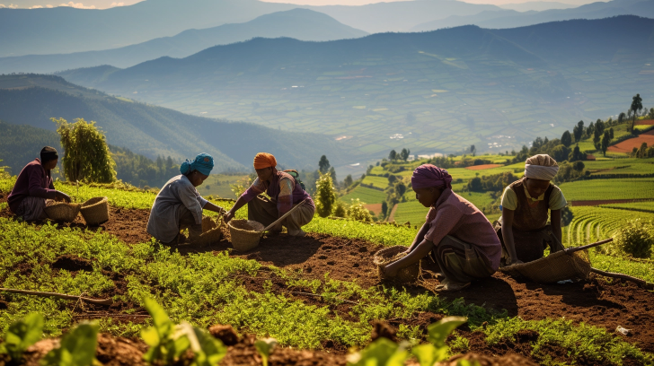 Rwandan coffee farmers planting coffee under the sun