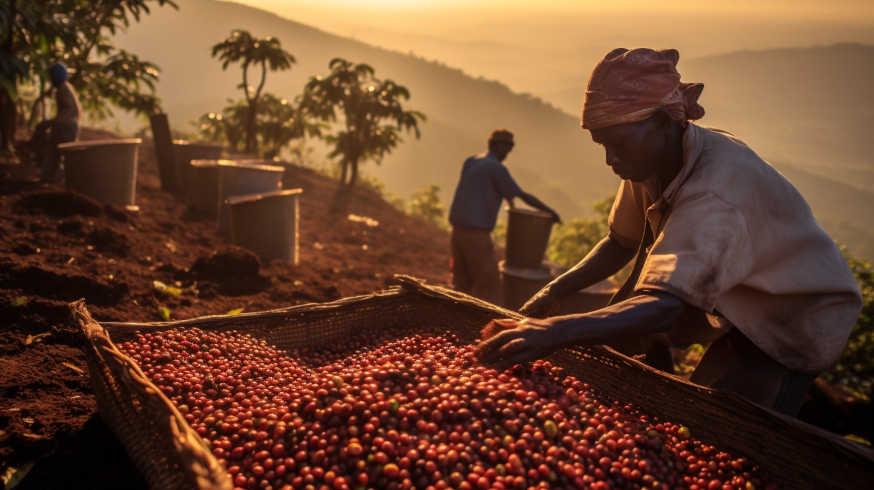 Uganda, workers harvesting the coffee cherries