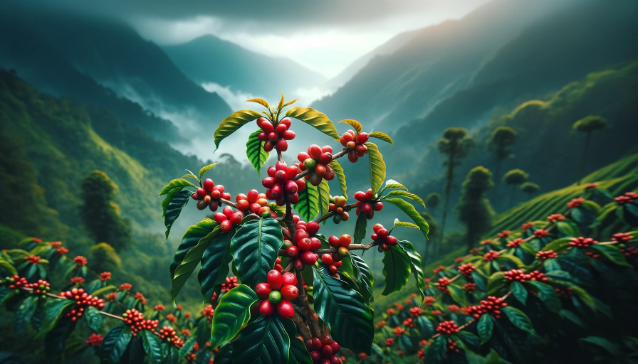 A close-up of a vibrant heirloom coffee plant featuring bright red cherries, lush green leaves