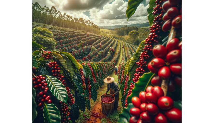 A close-up view of a Brazilian coffee plantation with rows of Arabica coffee plants