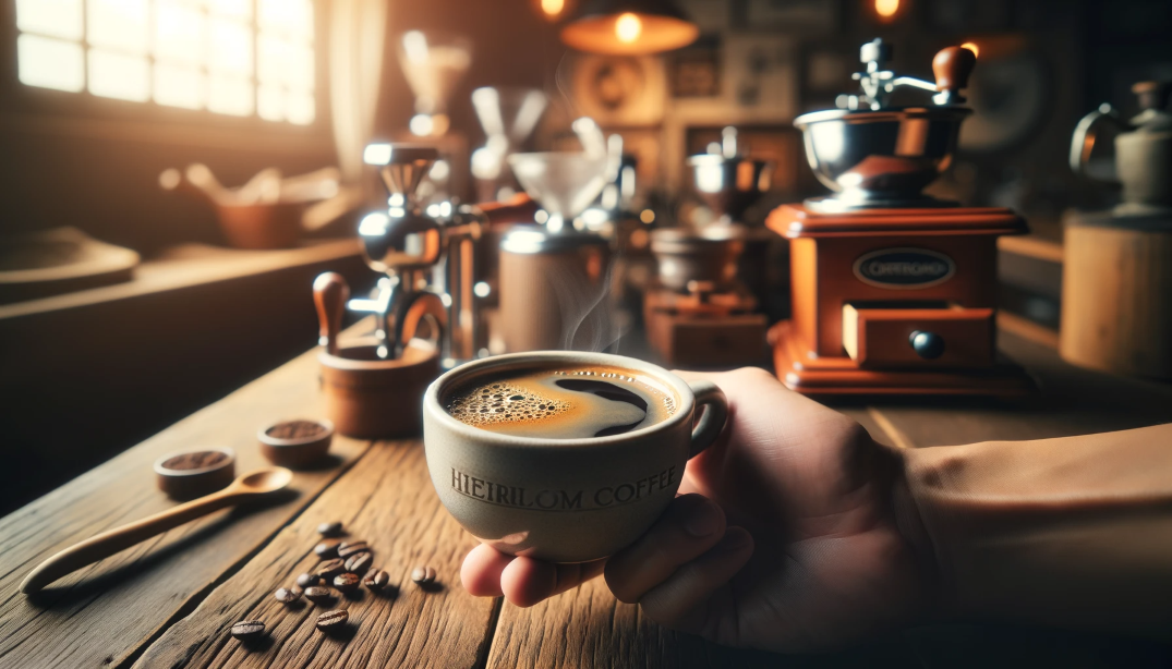 a hand holding a cup of freshly brewed heirloom coffee