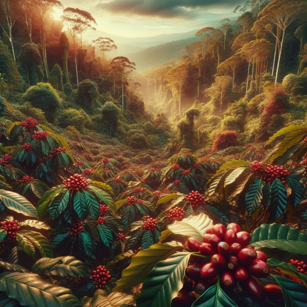 a ripe and ready to harvest Arabica coffee plantation in a Brazilian forest