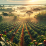 panoramic view of a Brazilian coffee plantation at sunrise