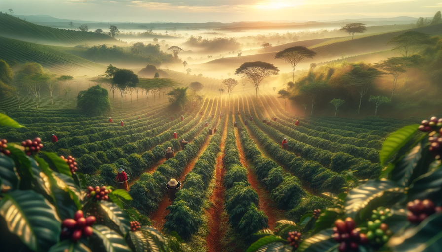 panoramic view of a Brazilian coffee plantation at sunrise