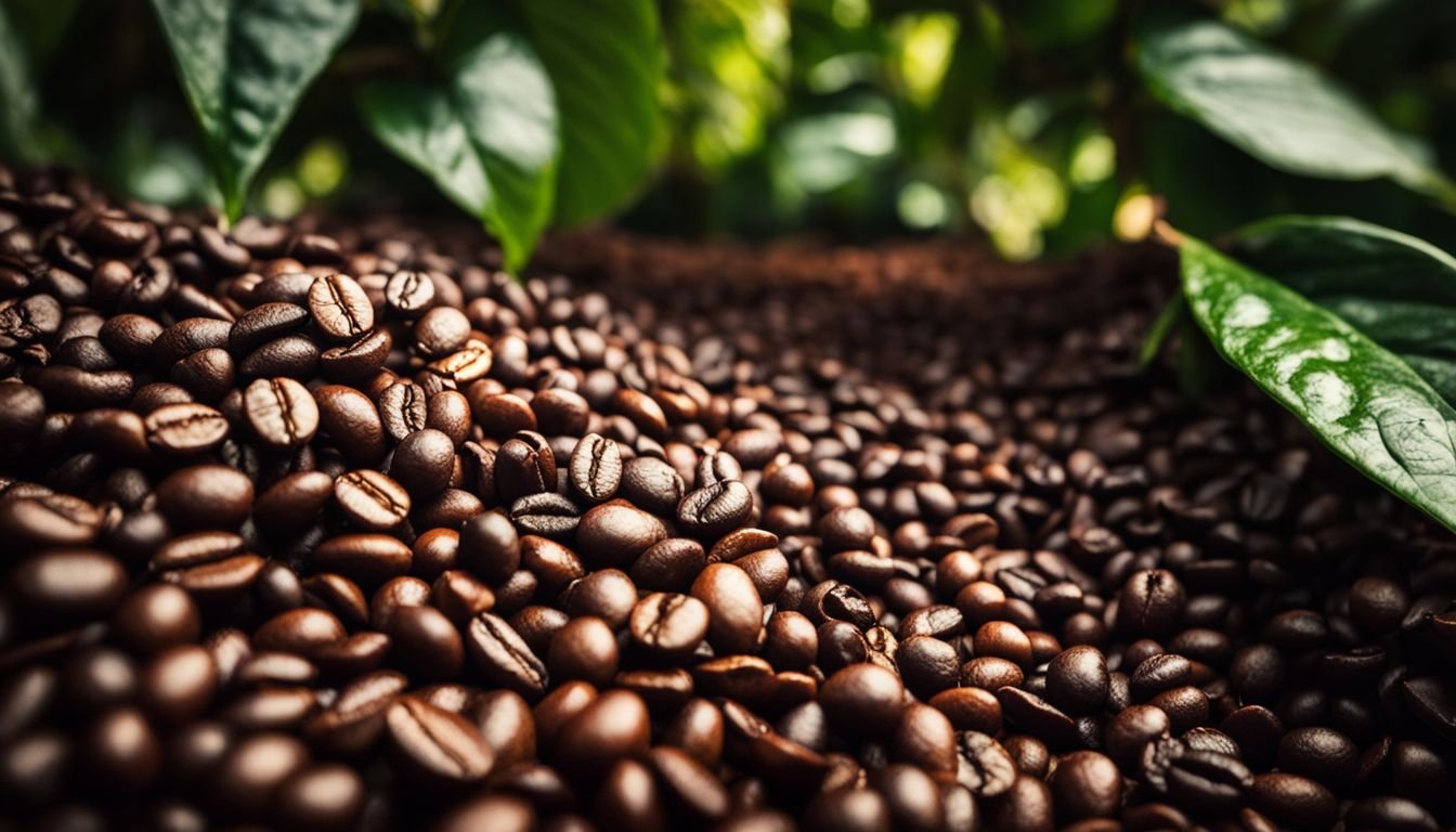 Close-up of freshly roasted Kenyan coffee beans surrounded by lush coffee plants.