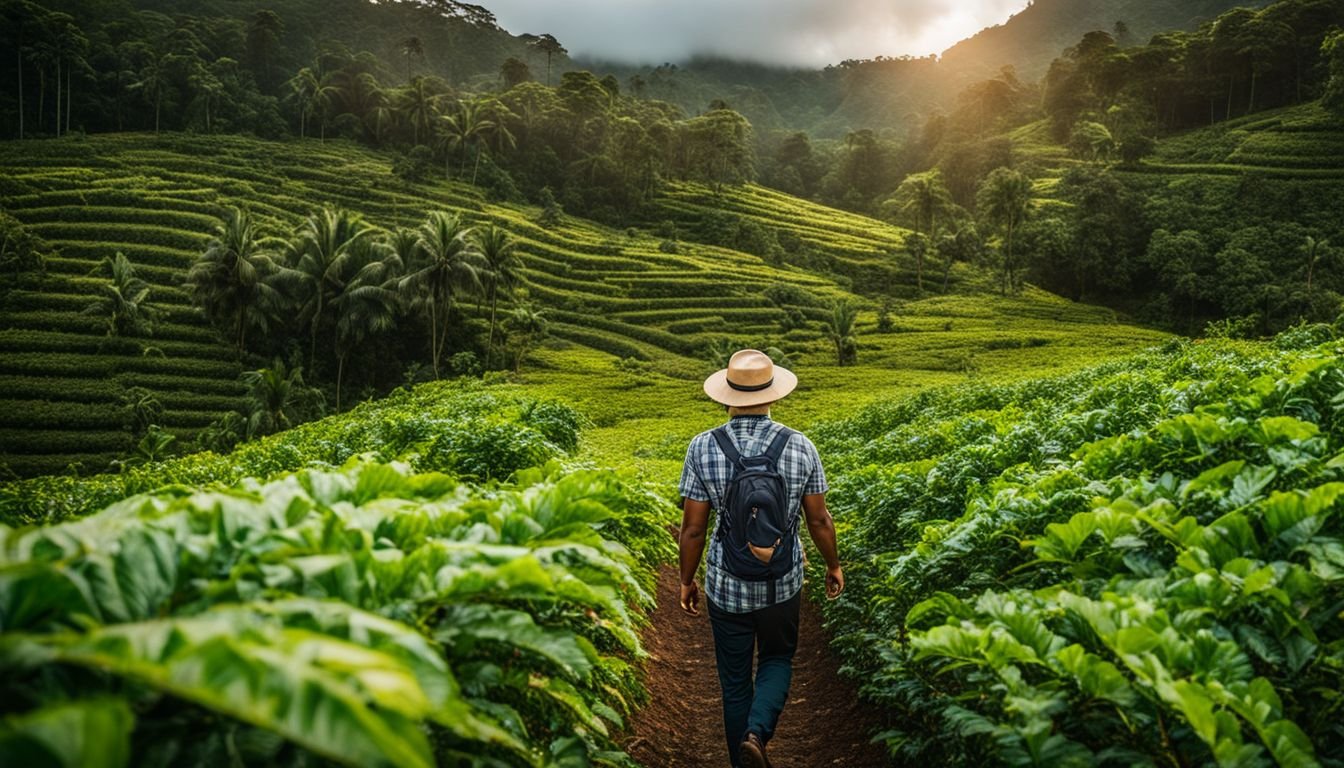 A farmer walking through a vibrant coffee plantation.