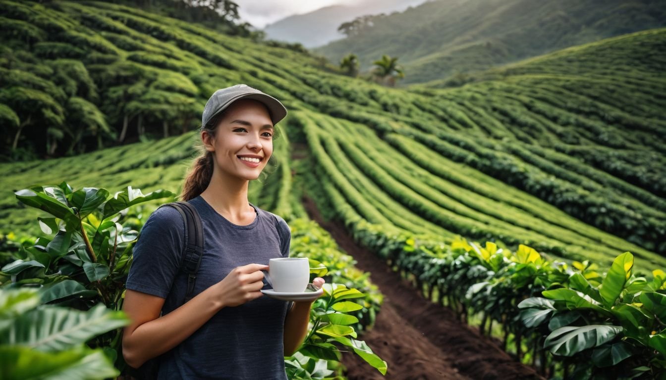 A person enjoying freshly brewed Kona coffee in a vibrant plantation.