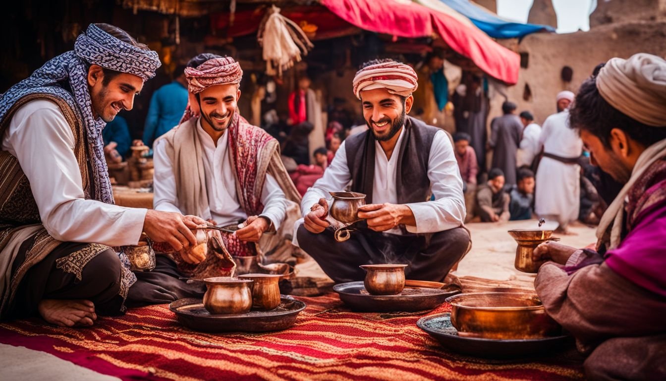 A traditional Yemeni coffee ceremony in a vibrant marketplace with diverse people. A traditional Yemeni coffee ceremony in a vibrant marketplace with diverse people.