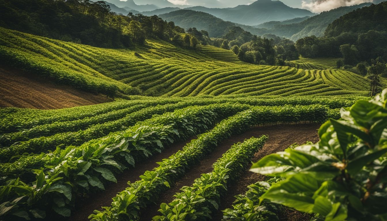 A vibrant coffee farm with diverse people and busting atmosphere.