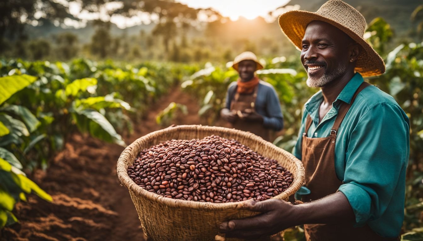 A coffee farmer holding freshly harvested Mocha Kenya beans in Kenya.