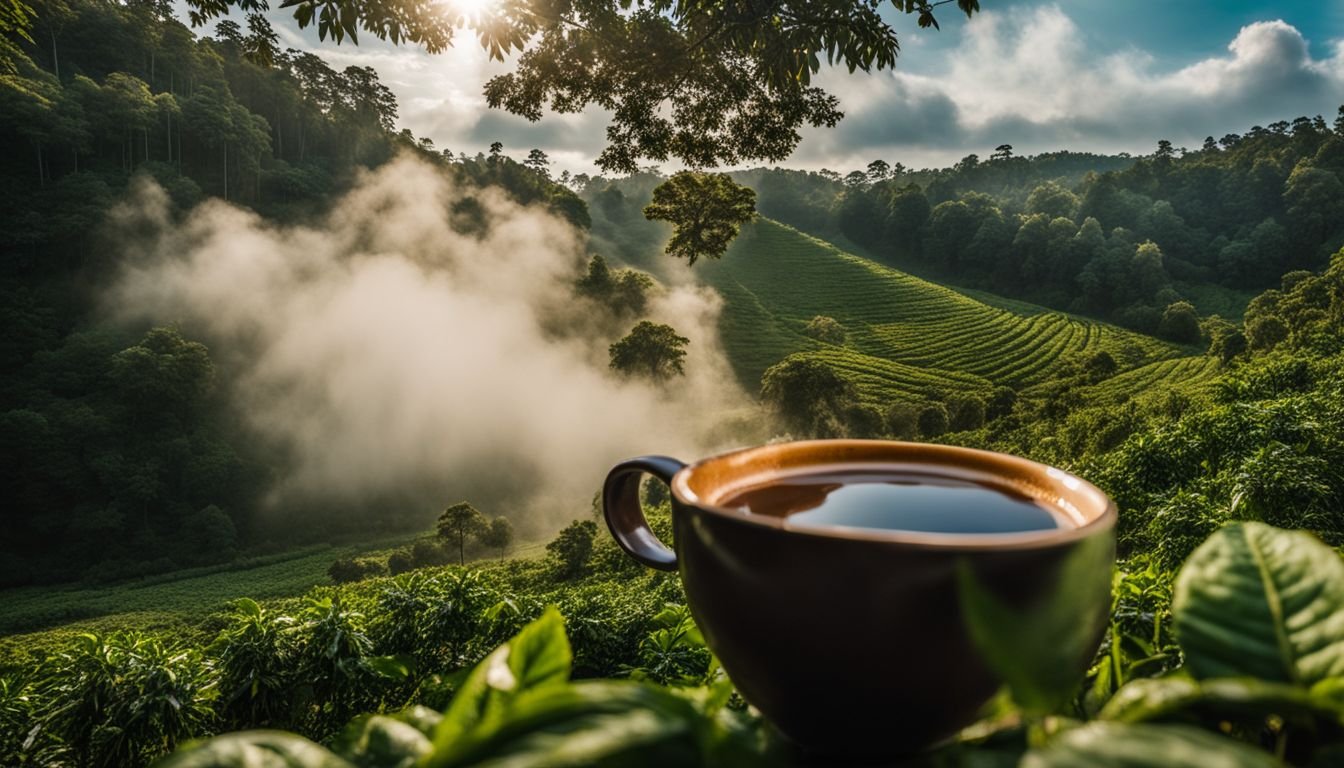 A steaming mug of mocha coffee surrounded by lush cocoa plantations and diverse people.