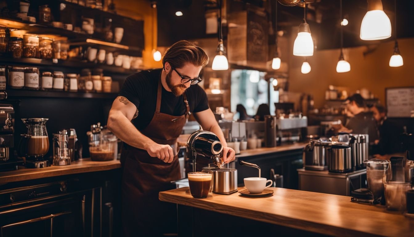 A bustling coffee shop with a barista making a mocha coffee.