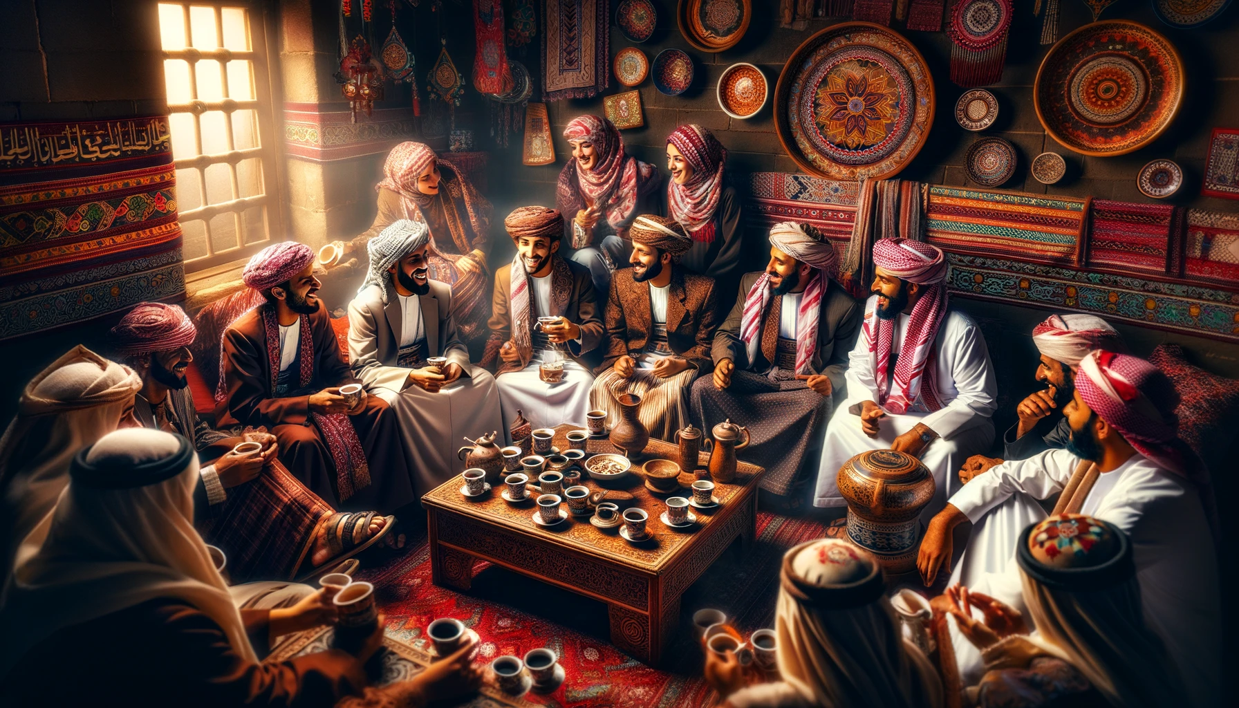 traditional Yemeni attire, gathered around a coffee table
