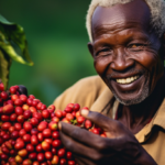 coffee farmer picking ripe coffee cherries with a smile