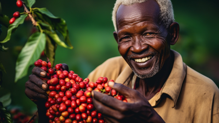 coffee farmer picking ripe coffee cherries with a smile