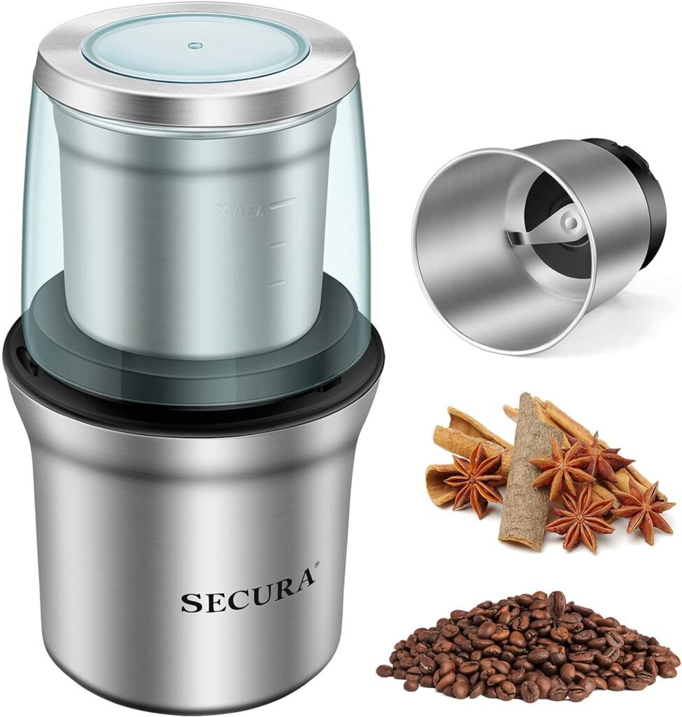 Secura Electric Coffee Grinder and Spice Grinder with 2 Stainless Steel Blades Removable Bowls